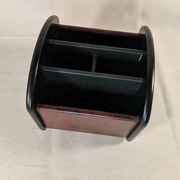 Wooden Remote Control Holder Spinning Rotating Brown Black Caddie Desk Organiser - Picture 3 of 15